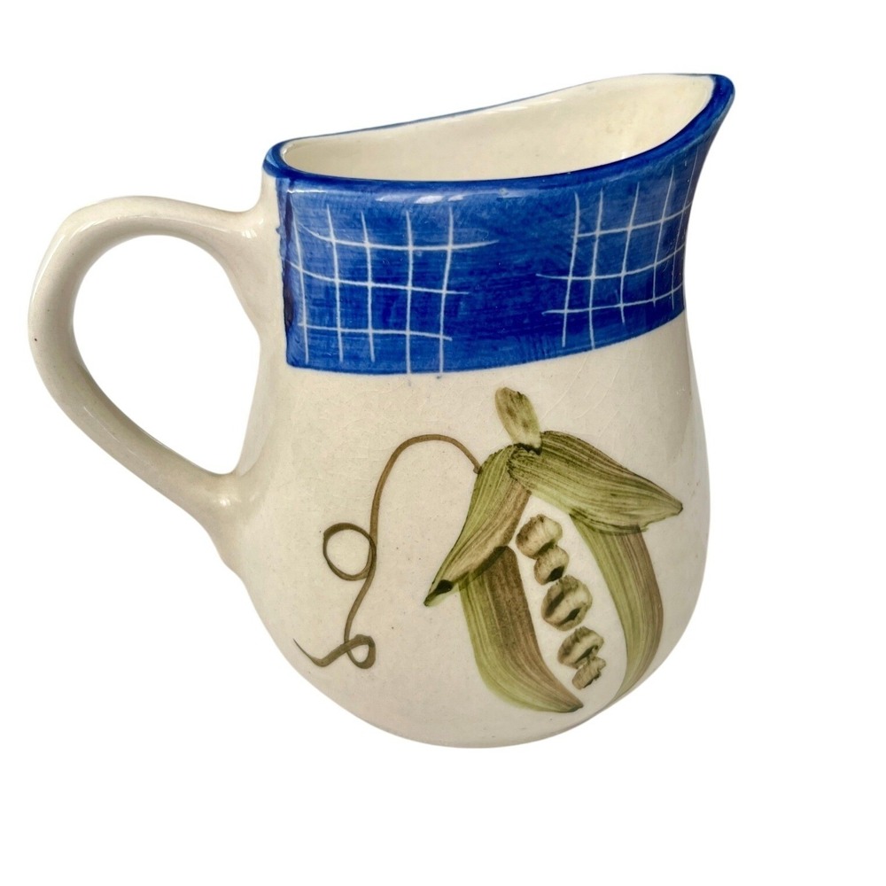 Ruby Ceramic Creamer Pitcher Blue Grid Green Pea Pod Hand Painted Cream Milk Jug